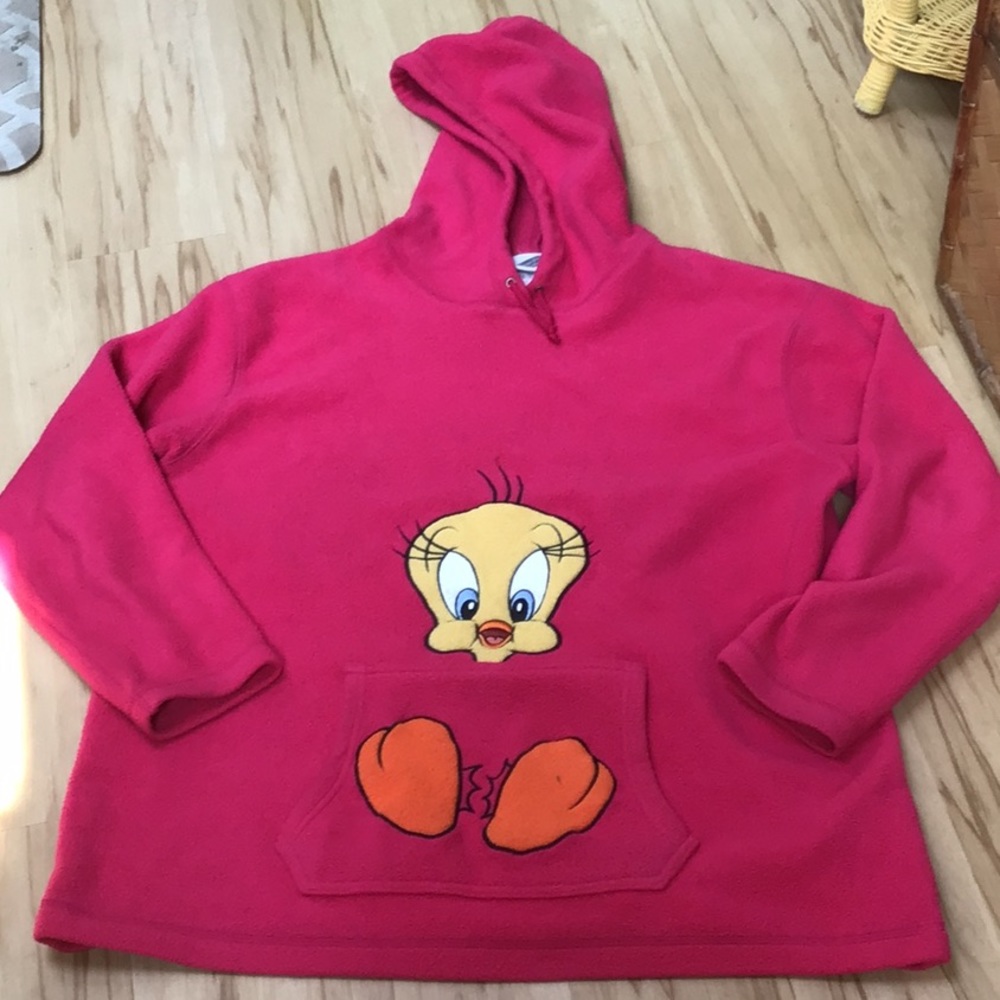 Vintage 2000 Y2K Loony Tunes Tweety Bird Bright Pink Fleece Sweatshirt Hoodie XL